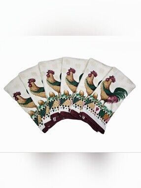 Vintage B&D Kitchenworks Country Rooster Dish Towels 6pk New 16X24 Cream Mauve